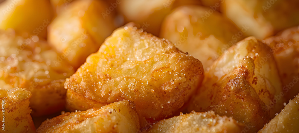 Close-up of fast food potato wedges showcasing detailed textures of the crispy exterior and fluffy interior Close-up of fast food potato wedges showcasing detailed textures of the crispy exterior and fluffy interior