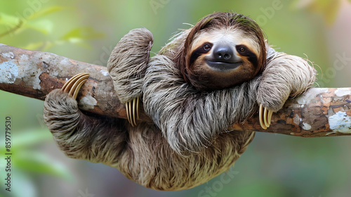 Funny sloth hanging on tree branch, cute face look, perfect portrait of wild animal in the Rainforest of Costa Rica scratching the belly, Bradypus variegatus, brown-throated three-toed sloth, relaxed © Sajawal