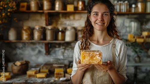 Woman soap maker holding a piece of handmade soap