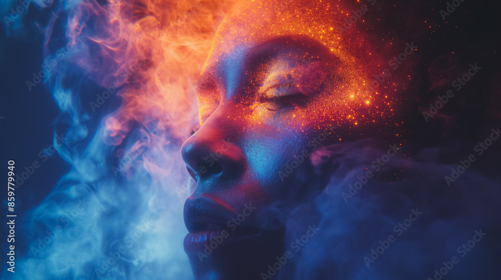 A woman's face is covered in glitter and smoke, creating a surreal and dreamlike atmosphere. The smoke and glitter seem to be swirling around her face, emphasizing her features A woman's face is covered in glitter and smoke, creating a surreal and dreamlike atmosphere. The smoke and glitter seem to be swirling around her face, emphasizing her features