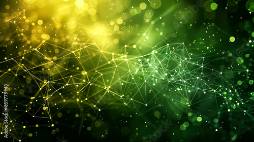 Abstract green yellow digital network connections, futuristic technology glowing lines dots, light web pattern
