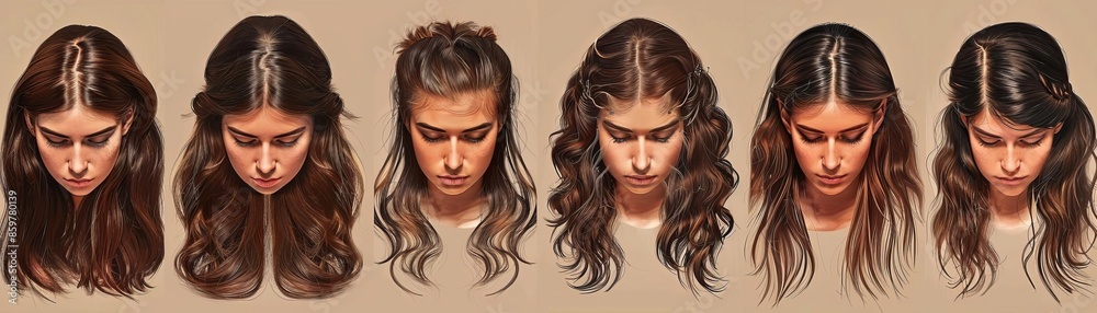 Illustrations showcasing the process of hair restoration, strengthening, and damage repair Several entries Illustrations showcasing the process of hair restoration, strengthening, and damage repair Several entries
