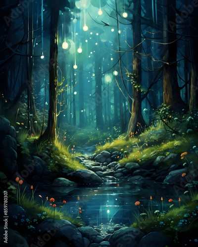 Fantasy forest in the moonlight, 3d digitally rendered illustration
