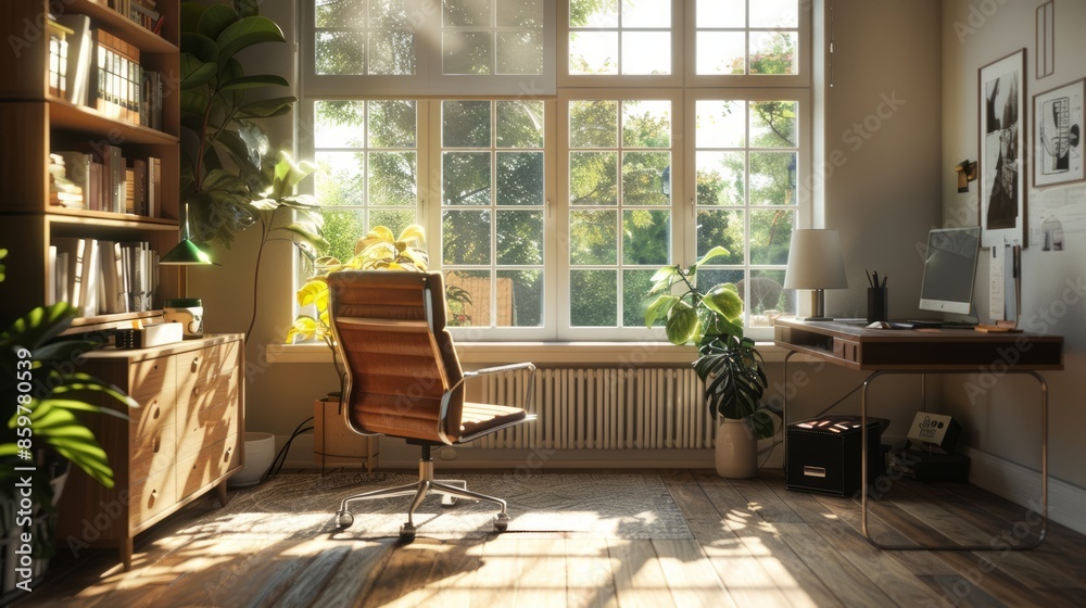 A minimalist office with a desk, chair and computer. A minimalist office with a desk, chair and computer.