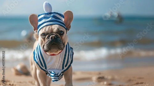 Walking funny French Bulldog dressed up with a cute sailor dog Halloween costume on beach with ocean in background photo