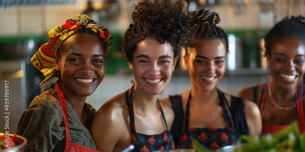 Four joyful women wearing colorful aprons, smiling together in a kitchen setting, showcasing friendship and culinary enthusiasm. Four joyful women wearing colorful aprons, smiling together in a kitchen setting, showcasing friendship and culinary enthusiasm.