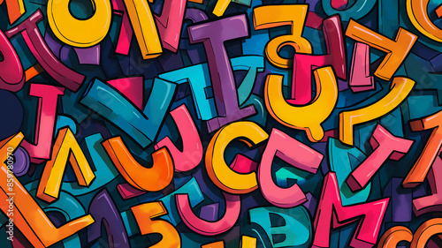 A vibrant collage of colorful, overlapping 3D letters, creating a dynamic and playful visual effect.