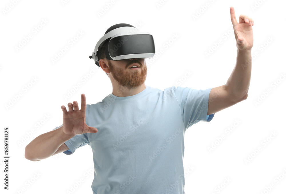 Naklejka premium Man using virtual reality headset on white background
