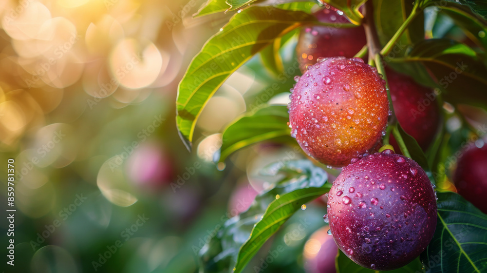 Close-up of ripe plums covered in water droplets hanging from a tree branch with lush green leaves.