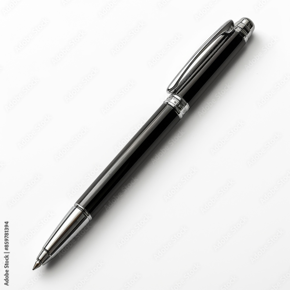 Elegant black ballpoint pen with a sleek design placed on a plain white background, ready for writing. Elegant black ballpoint pen with a sleek design placed on a plain white background, ready for writing.