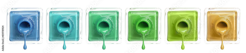 Nail polish of different colors dripping from bottles on white background, collection Nail polish of different colors dripping from bottles on white background, collection