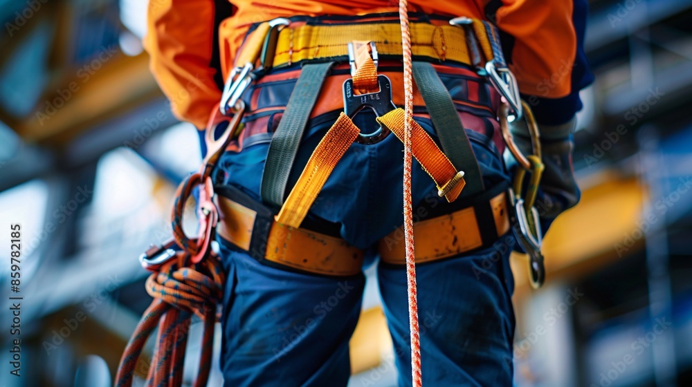 Rope access inspector inspecting self controlled stop a fall descent safety device Rope access inspector inspecting self controlled stop a fall descent safety device