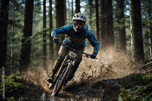Professional cyclist speeding down muddy forest trail on mountain bike © bluebeat76