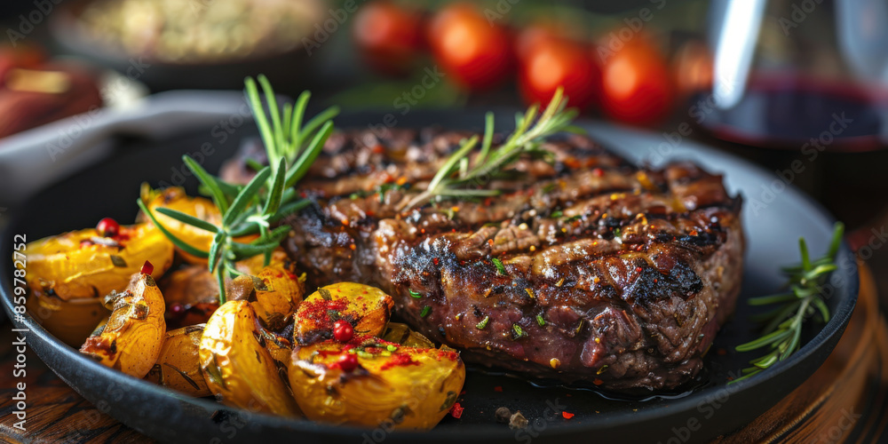 Grilled steak garnished with rosemary, served with roasted potatoes on a black plate, featuring a rustic, appetizing presentation. Grilled steak garnished with rosemary, served with roasted potatoes on a black plate, featuring a rustic, appetizing presentation.