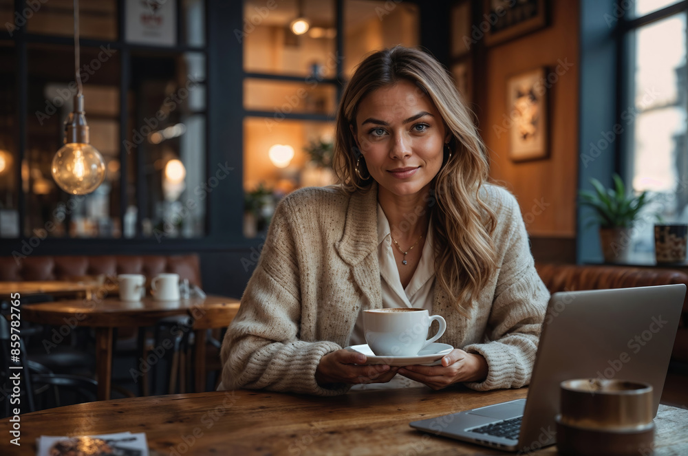 Young woman is working in a coffee shop, enjoying a cup of coffee during a break Young woman is working in a coffee shop, enjoying a cup of coffee during a break