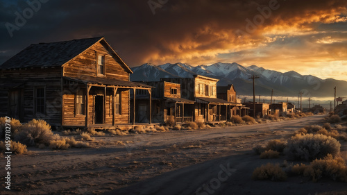 Dramatic sunset illuminating a row of abandoned wooden buildings on a dirt road of a wild west town with mountains in background