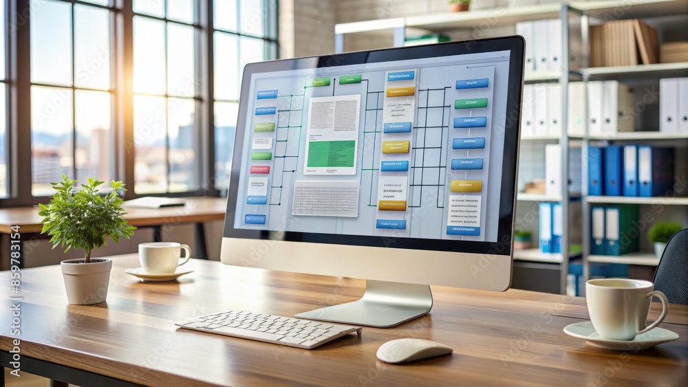 Naklejka premium Modern computer screen displaying virtual online documentation database and process automation system for efficient file management and organization.,hd,8k.