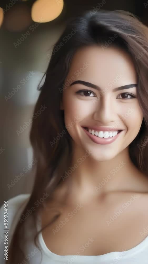 A young Latina woman with wavy brown hair smiles warmly at the camera. She is dressed casually in a white top, with soft, ambient indoor lighting enhancing her friendly expression.