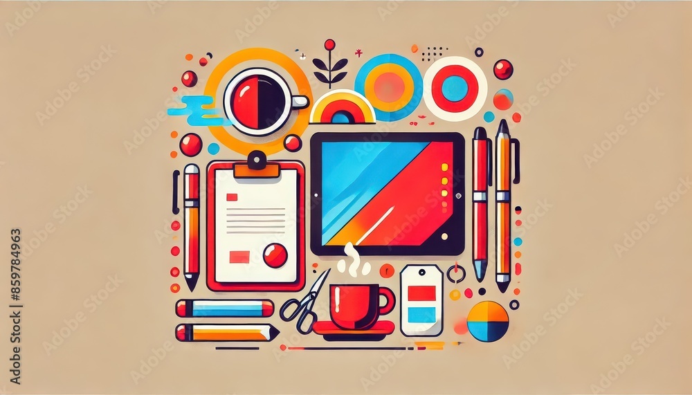 Creative Office Supplies and Tablet Arrangement on Desk. Generative AI. Creative Office Supplies and Tablet Arrangement on Desk. Generative AI.