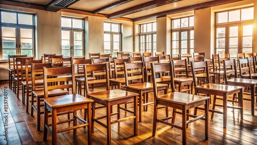 Wallpaper Mural A nostalgic and serene empty classroom with rows of vintage tone wooden chairs, evoking a sense of anticipation for the new academic year.,hd,8k. Torontodigital.ca