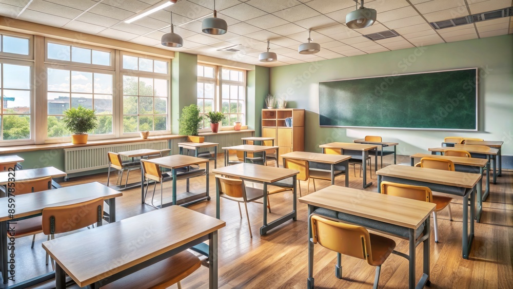 A tidy, well-lit classroom with wooden desks and chairs arranged in rows, empty chalkboard, and a few motivational posters on the walls.,hd,8k. A tidy, well-lit classroom with wooden desks and chairs arranged in rows, empty chalkboard, and a few motivational posters on the walls.,hd,8k.