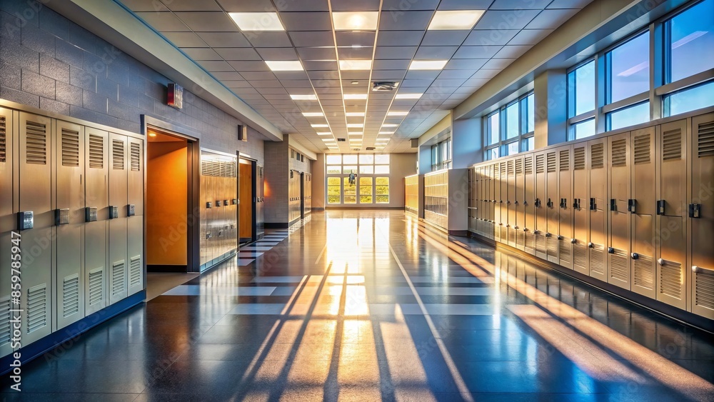 Fototapeta premium Empty school corridor with lockers, classrooms, and stairs, illuminated by natural light, conveying a sense of urgency and excitement.,hd,8k.