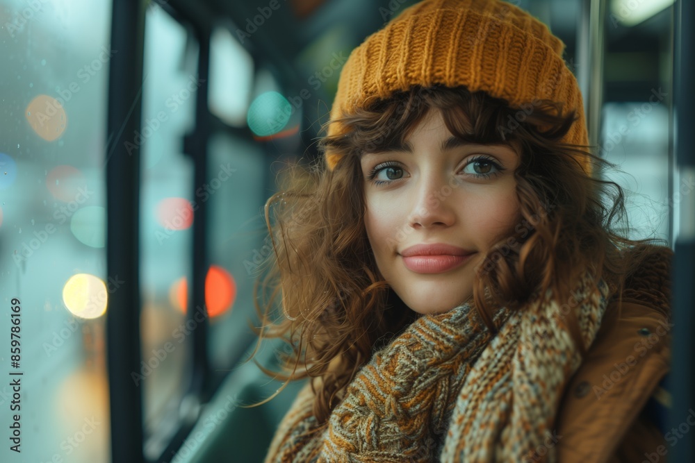 Urban Mid Adult Female Commuter Standing on Bus Urban Mid Adult Female Commuter Standing on Bus