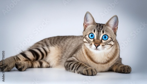 the striped blue eyed cat lies on a white background