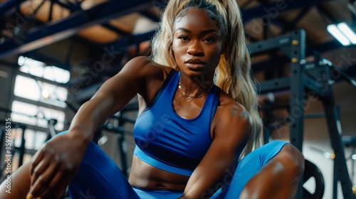 Beautiful young black woman exercising in the gym.