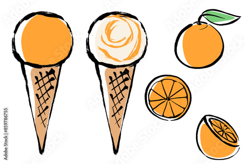 筆タッチのオレンジフレーバーのアイスクリームのイラストセット