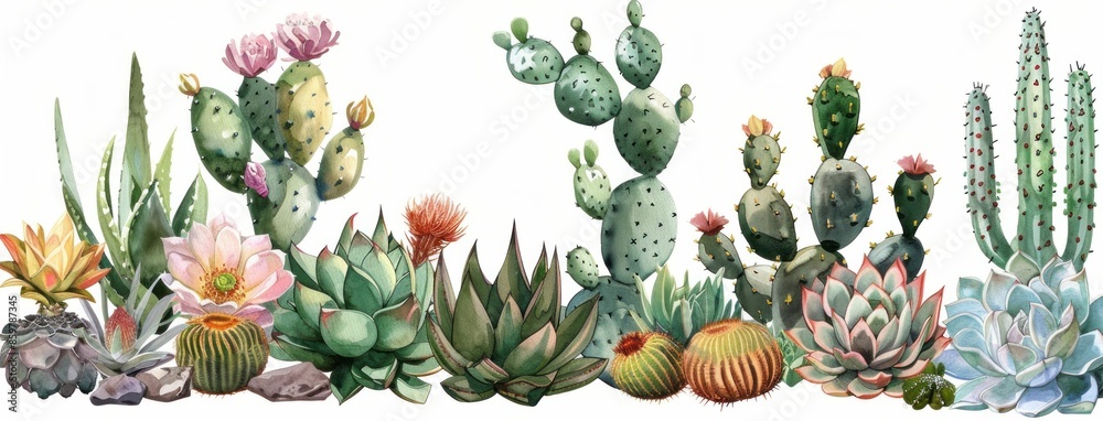 Obraz premium A variety of cactuses and succulents collection on white background for home decor or gardening inspiration