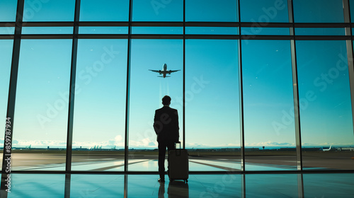 Airport scene with traveler looking at departing airplane