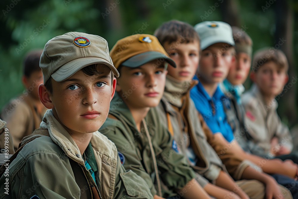 Boy scout group at summer camp, immersed in outdoor adventures and camping experiences, with copy space for vacation activities in the wilderness Boy scout group at summer camp, immersed in outdoor adventures and camping experiences, with copy space for vacation activities in the wilderness