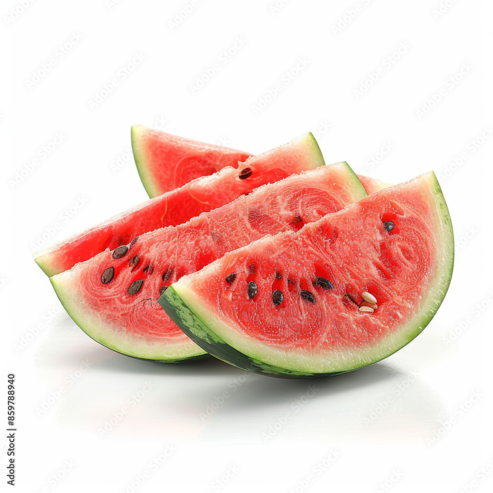Juicy and fresh watermelon slices displayed on a white background, showcasing vibrant red fruit.