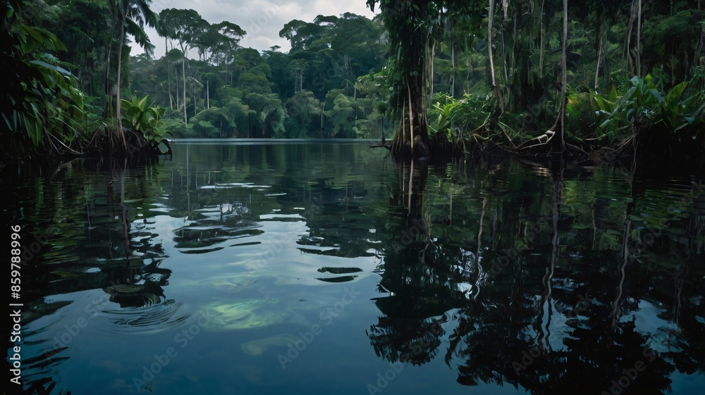 Beautiful reflection of trees in a still, blue lake, surrounded by lush green forest and a clear, cloudless sky Beautiful reflection of trees in a still, blue lake, surrounded by lush green forest and a clear, cloudless sky