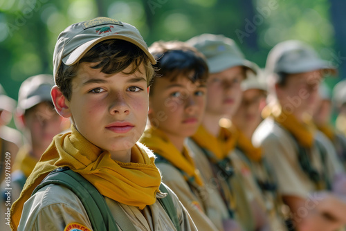 Boy scout group at summer camp, enjoying outdoor challenges and camaraderie in nature, with copy space for vacation memories in the forest