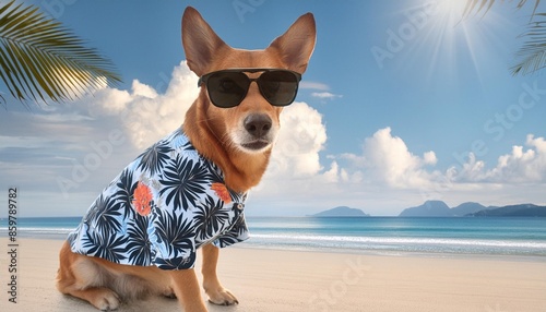 cartoon illustration of a dog wearing a tropical shirt and sunglasses with a beautiful calm tropical beach background summer holiday vacation