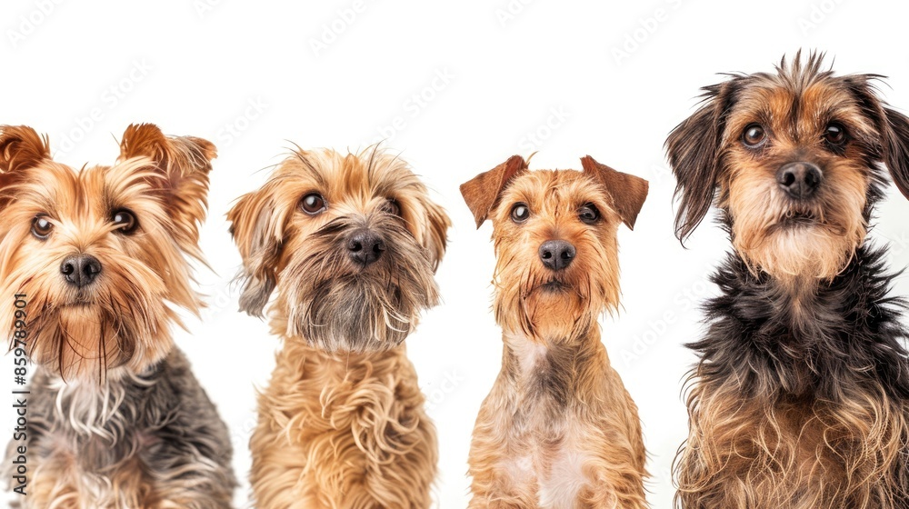 Four purebred dogs in studio collage fluffy and shorthaired isolated on white with copy space for ad Four purebred dogs in studio collage fluffy and shorthaired isolated on white with copy space for ad