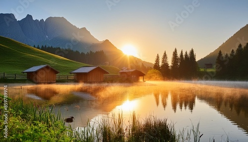 a serene mountain lake at sunrise with mist rising from the water s surface and the surrounding peaks bathed in soft golden light capturing the tranquility and majesty of nature photo