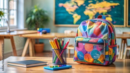 Colorful backpack, textbooks, and supplies scattered on a wooden desk, surrounded by a globe, pencils, and a calculator, against a blurred classroom background.,hd,8k. photo