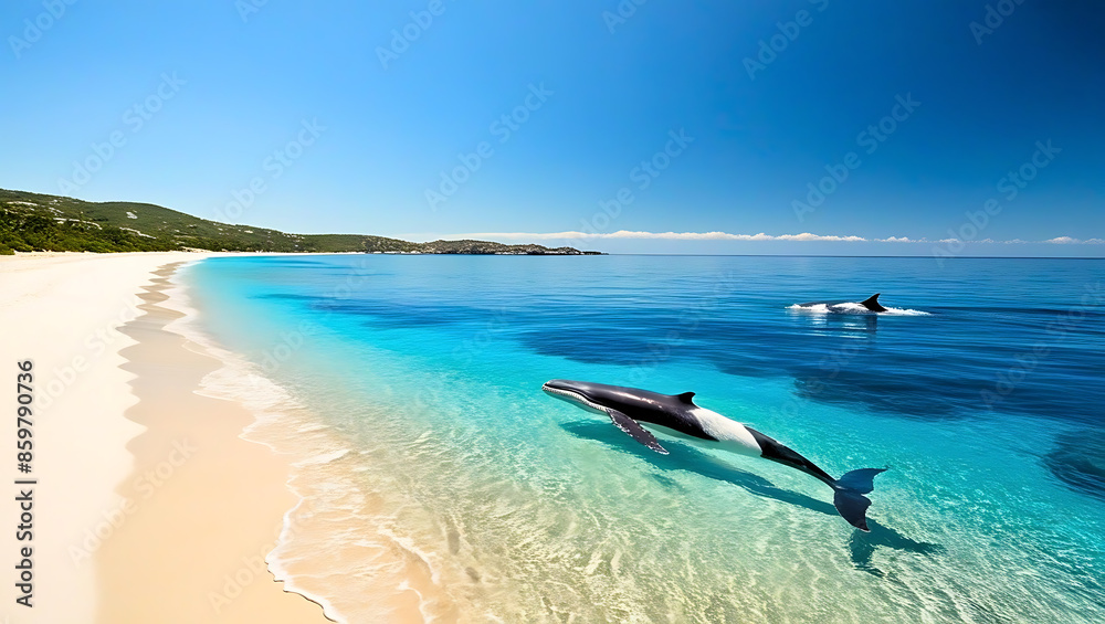 Fototapeta premium Dolphins are swimming on the beach