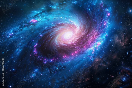 Spiral galaxy with vibrant blue and pink arms, glowing core, dark space, wideangle view, elegant cosmic structure.,