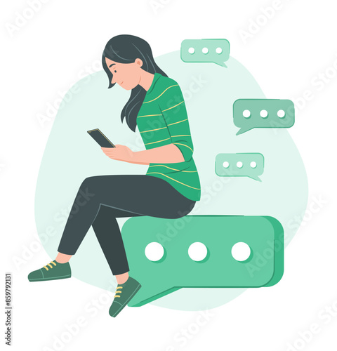 Woman Sitting on Big Chat Bubble Icon and Chat on Mobile Phone for Telecommunication Concept Illustration