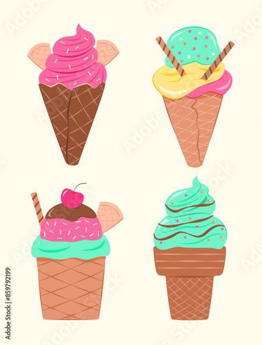 Set of Colorful Ice Creams with Waffle Cone for Sweet and Dessert Concept Illustration Clip Art