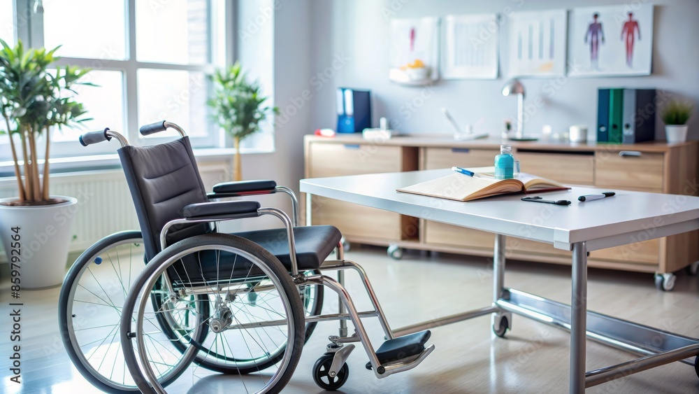 Doctor'S Office With A Wheelchair. The Concept Of Health Care And Medical Services For People With Disabilities. Doctor'S Office With A Wheelchair. The Concept Of Health Care And Medical Services For People With Disabilities.
