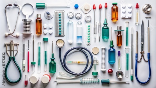 A Variety Of Medical Instruments And Medications Are Arranged On A White Background. photo