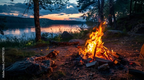 campfire burning by the lakeside at sunset