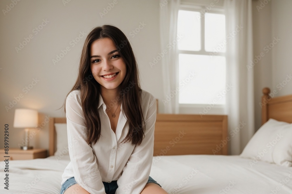 Portrait of a young woman in a loose white shirt sitting on the bed, smiling and looking at the camera. relaxing, smooth, and soft atmosphere. Portrait of a young woman in a loose white shirt sitting on the bed, smiling and looking at the camera. relaxing, smooth, and soft atmosphere.