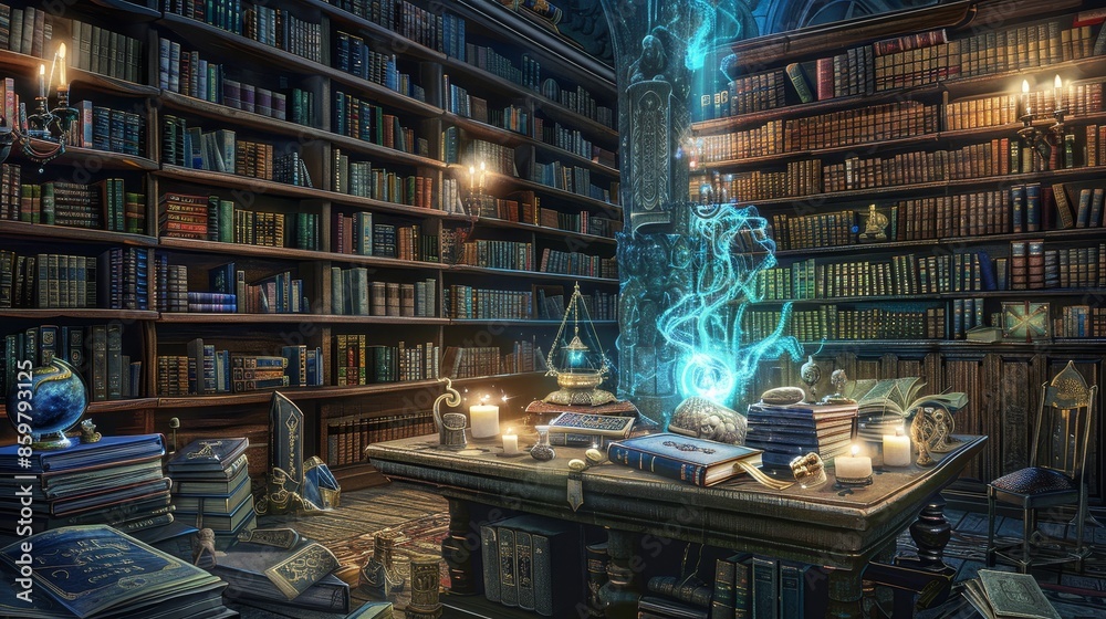 Sorcerer's library with magical books and artifacts casting spells Sorcerer's library with magical books and artifacts casting spells