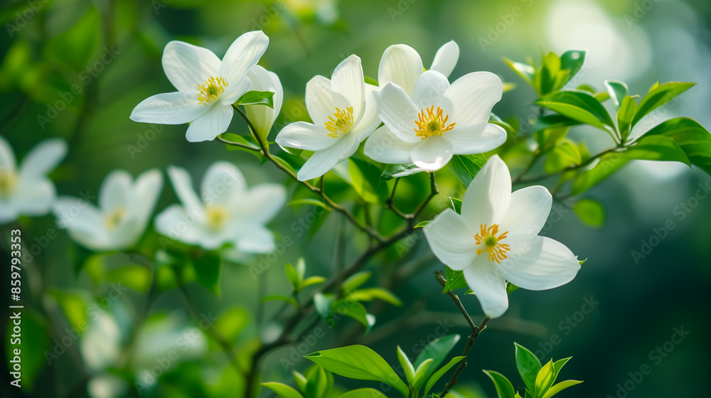 Flowers blooming on a branch, green leaves